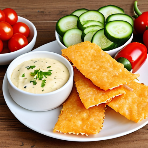 Home 15 **
Close-up shot of various low-carb cheese snacks. Include Parmesan cheese crisps with paprika, Gouda cheese cubes with olives and cherry tomatoes on skewers, and a creamy cheese dip with vegetable sticks (cucumber, bell pepper, celery). Emphasize the freshness and vibrant colors.
**
