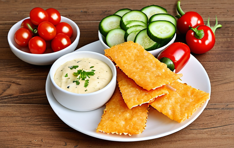 **
Close-up shot of various low-carb cheese snacks. Include Parmesan cheese crisps with paprika, Gouda cheese cubes with olives and cherry tomatoes on skewers, and a creamy cheese dip with vegetable sticks (cucumber, bell pepper, celery). Emphasize the freshness and vibrant colors.
**