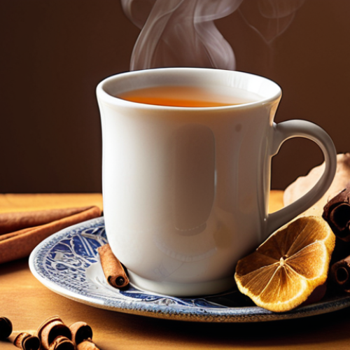 Home 14 A cozy, warm scene featuring a steaming mug of ginger and cinnamon tea. Fresh ginger slices and cinnamon sticks are artfully arranged next to the mug, with soft, ambient lighting highlighting the warmth. The image should evoke a feeling of inner warmth, comfort, and activation, representing improved circulation and vitality. Focus on natural textures and a harmonious, inviting atmosphere.