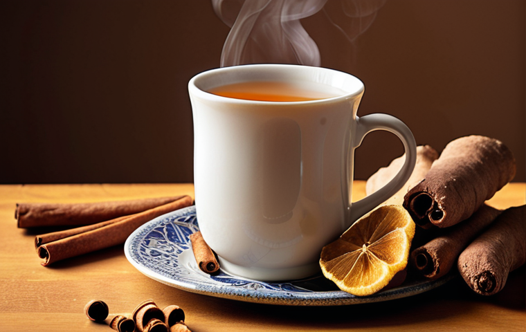 A cozy, warm scene featuring a steaming mug of ginger and cinnamon tea. Fresh ginger slices and cinnamon sticks are artfully arranged next to the mug, with soft, ambient lighting highlighting the warmth. The image should evoke a feeling of inner warmth, comfort, and activation, representing improved circulation and vitality. Focus on natural textures and a harmonious, inviting atmosphere.