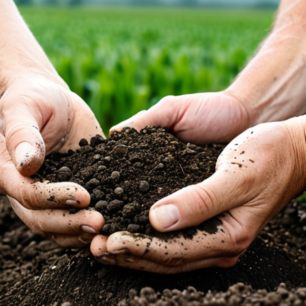 A close-up shot of an adult farmer, fully clothed in appropriate, modest work attire, with well-formed hands gently sifting a handful of rich, dark, crumbly soil. The soil is vibrant with tiny root systems and appears healthy and teeming with life. In the background, out of focus, is a vast, green organic grain field under a clear, bright sky, suggesting sustainable farming practices. Professional photography, high quality, perfect anatomy, correct proportions, natural pose, natural body proportions, well-formed hands, proper finger count, safe for work, appropriate content, fully clothed, professional, family-friendly, wholesome, agriculture, sustainability.