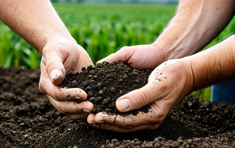 A close-up shot of an adult farmer, fully clothed in appropriate, modest work attire, with well-formed hands gently sifting a handful of rich, dark, crumbly soil. The soil is vibrant with tiny root systems and appears healthy and teeming with life. In the background, out of focus, is a vast, green organic grain field under a clear, bright sky, suggesting sustainable farming practices. Professional photography, high quality, perfect anatomy, correct proportions, natural pose, natural body proportions, well-formed hands, proper finger count, safe for work, appropriate content, fully clothed, professional, family-friendly, wholesome, agriculture, sustainability.