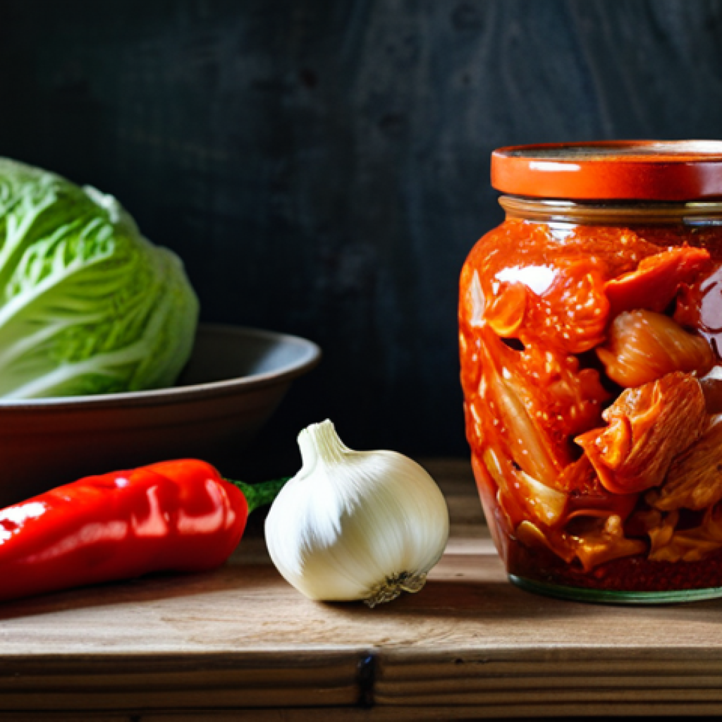 유산균이 풍부한 발효음식 추천 - **Kimchi Still Life:** "A vibrant still life photograph of homemade Kimchi in a traditional Korean c...