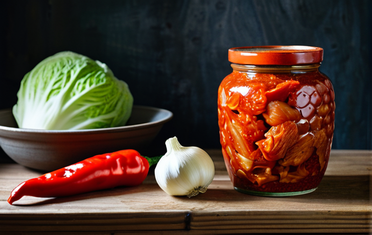 유산균이 풍부한 발효음식 추천 - **Kimchi Still Life:** "A vibrant still life photograph of homemade Kimchi in a traditional Korean c...
