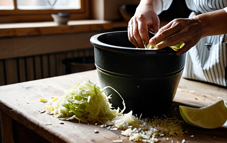 유산균이 풍부한 발효음식 추천 - **Kimchi Still Life:** "A vibrant still life photograph of homemade Kimchi in a traditional Korean c...