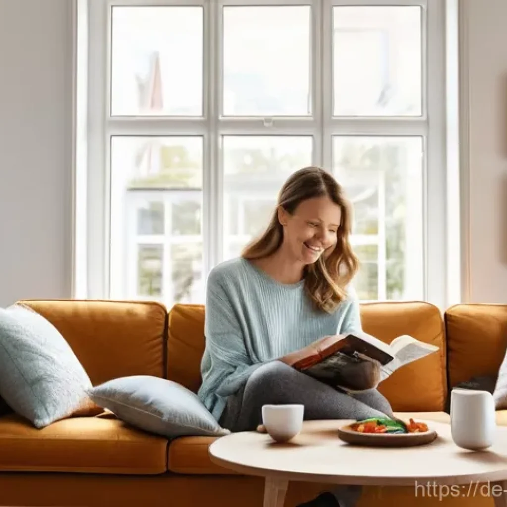 다이어트 도시락 브랜드 비교 - **Prompt:** A cozy, modern German living room in the late afternoon. A woman in her early 30s, dress...