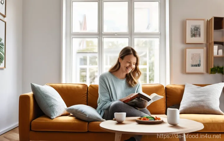 다이어트 도시락 브랜드 비교 - **Prompt:** A cozy, modern German living room in the late afternoon. A woman in her early 30s, dress...