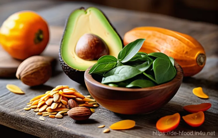 비타민E가 풍부한 식품 리스트 - **Prompt: "A close-up portrait of a young adult woman (mid-20s to early 30s) with glowing, healthy s...