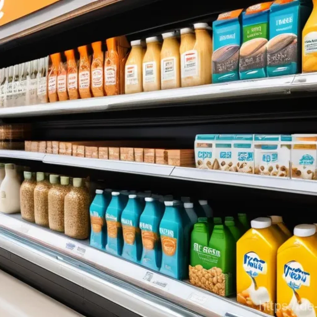 식물성 밀크의 종류와 비교 - **Prompt:** A vibrant, eye-level shot of a modern supermarket shelf overflowing with a diverse array...