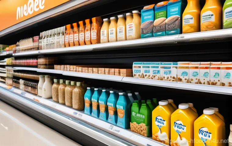 식물성 밀크의 종류와 비교 - **Prompt:** A vibrant, eye-level shot of a modern supermarket shelf overflowing with a diverse array...