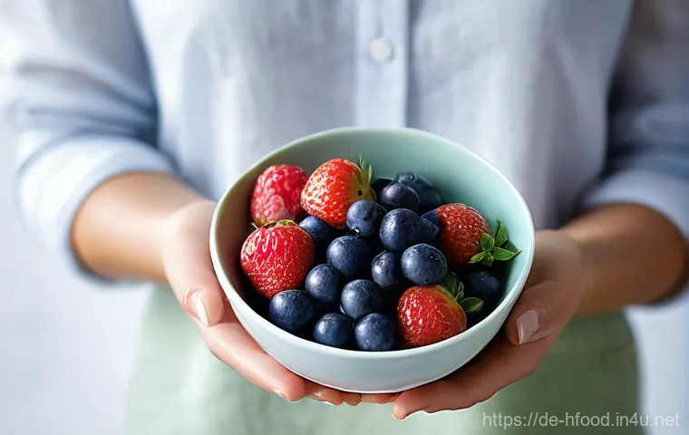 노화를 억제하는 항산화 식품 - **Prompt:** A close-up portrait of a radiant woman in her late 30s, with clear, dewy skin and a sere...