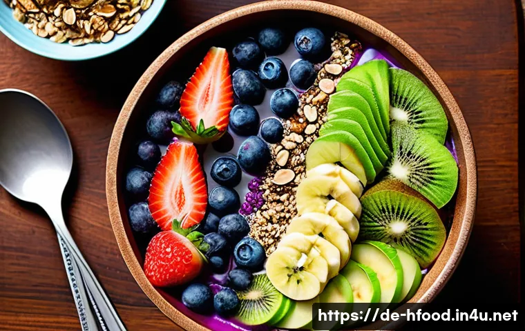 스무디 볼 만드는 법과 재료 추천 - **Prompt:** A vibrant, artistically arranged smoothie bowl brimming with fresh, colorful ingredients...