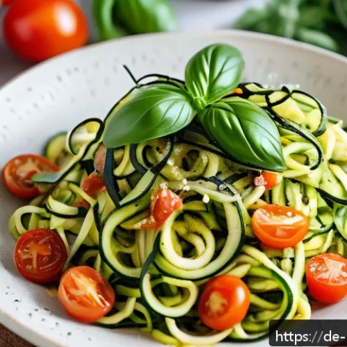 다이어트 중 먹을 수 있는 파스타 추천 - A vibrant, close-up image of a healthy low-carb meal featuring zucchini noodles (zoodles) served on ...