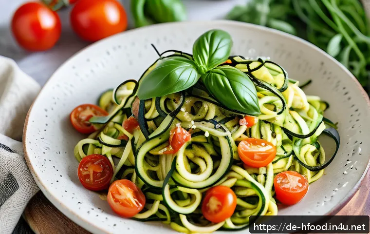 다이어트 중 먹을 수 있는 파스타 추천 - A vibrant, close-up image of a healthy low-carb meal featuring zucchini noodles (zoodles) served on ...