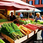 가공식품 없이 만드는 건강 식단 - A vibrant farmers&rsquo; market scene in a quaint German town square during spring, featuring stalls overf...