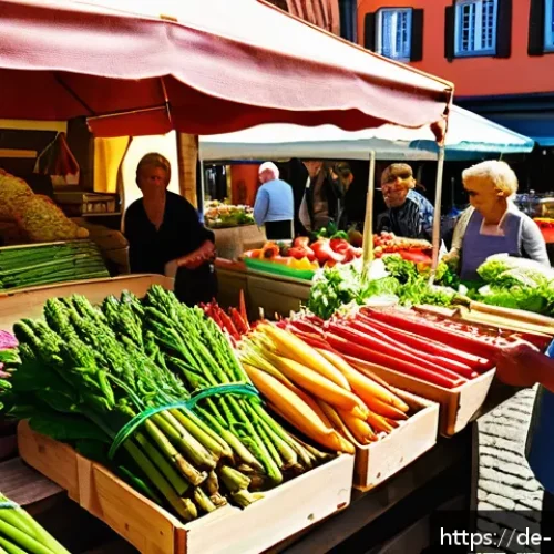 가공식품 없이 만드는 건강 식단 - A vibrant farmers&rsquo; market scene in a quaint German town square during spring, featuring stalls overf...