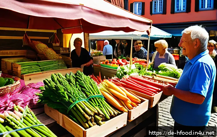 가공식품 없이 만드는 건강 식단 - A vibrant farmers&rsquo; market scene in a quaint German town square during spring, featuring stalls overf...