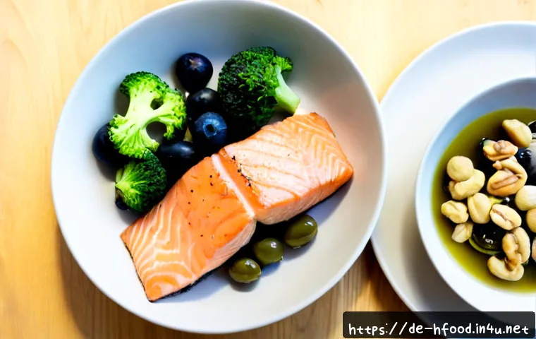 피부 트러블 완화를 위한 식단 - Photorealistic overhead view of a calming skin-friendly Mediterranean-inspired meal on a light woode...