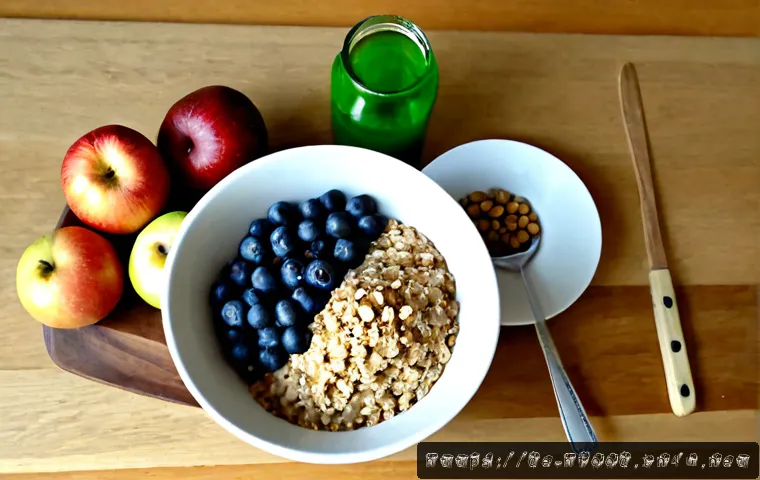 콜레스테롤 낮추는 음식 리스트 - Photorealistic overhead still life of cholesterol-friendly foods arranged neatly on a light oak kitc...