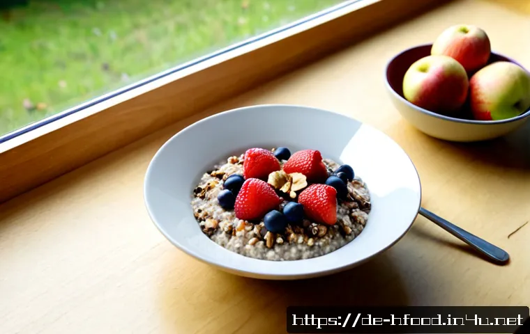 혈당 조절에 좋은 음식 추천 - Photorealistic healthy German breakfast for balanced blood sugar: a ceramic bowl of unsweetened oatm...